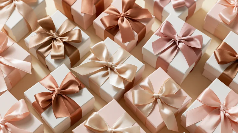 Gift boxes wrapped in white and blush paper with satin ribbons arranged in flat lay on light surface
