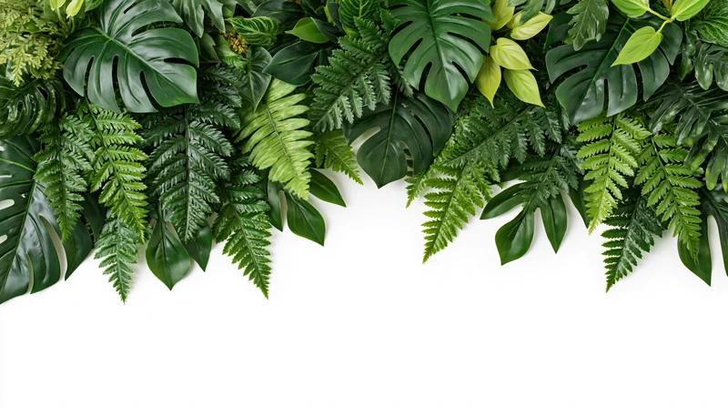 Tropical foliage arranged in a flat lay border along the top of a white surface with copyspace below