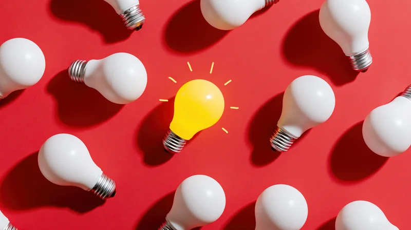 Glowing yellow lightbulb surrounded by white bulbs on red surface in flat lay arrangement