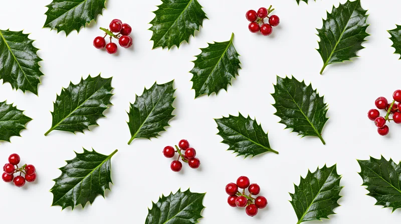 Holly leaves and red berries scattered on white background in flat lay arrangement