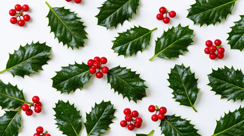 Holly leaves and red berries scattered on white background in flat lay arrangement