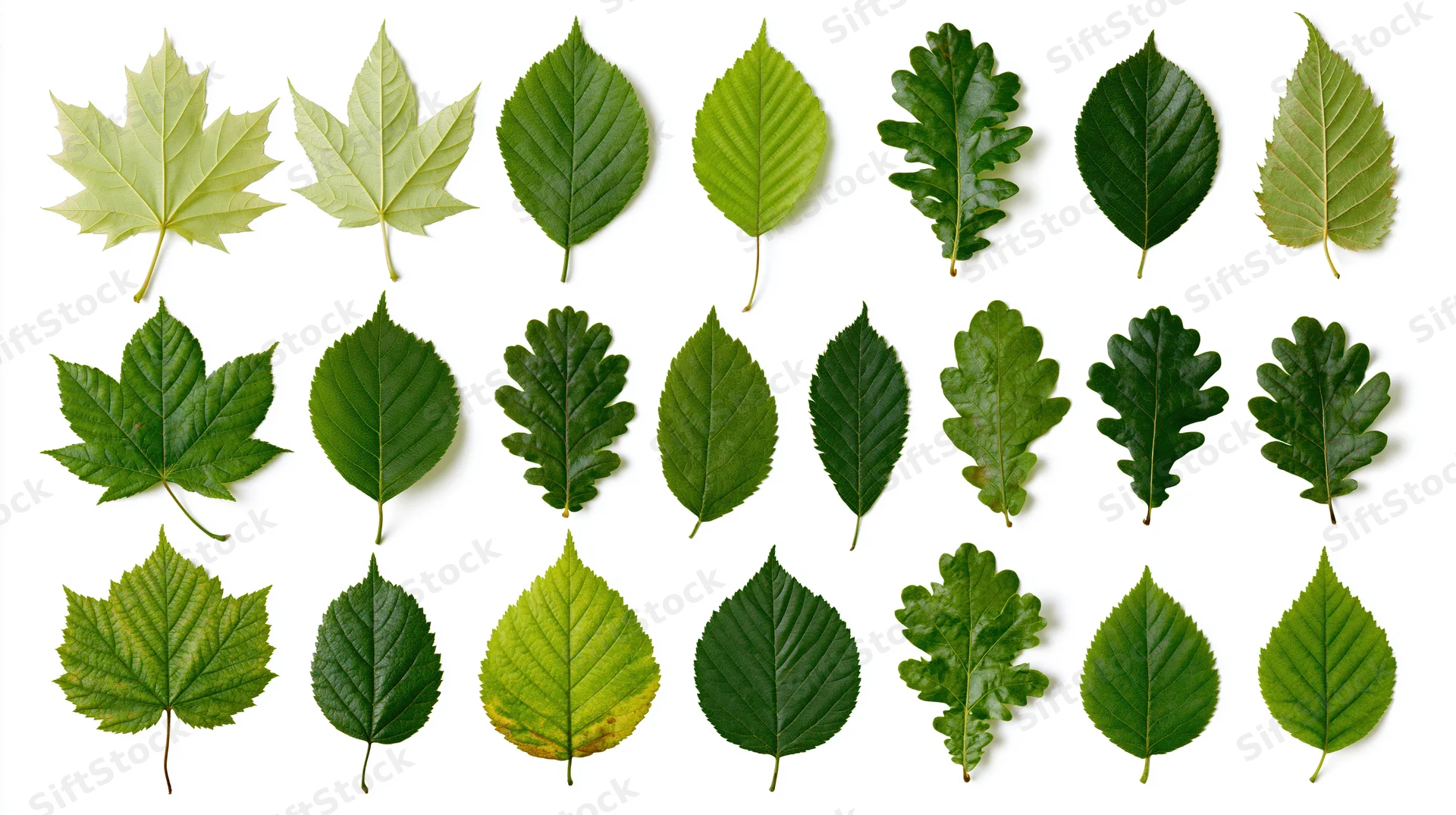 Seventeen assorted fresh green leaves arranged in rows on white background