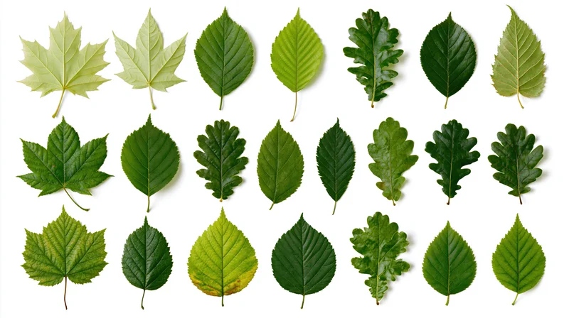 Seventeen assorted fresh green leaves arranged in rows on white background