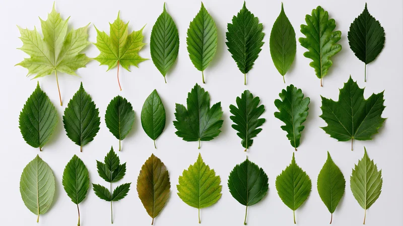 Assorted green leaves arranged in rows on a white surface
