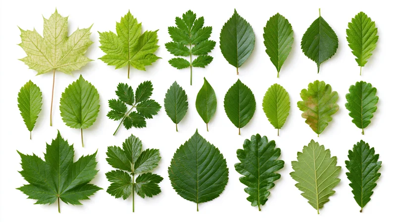 Assorted green leaves arranged in rows on white background