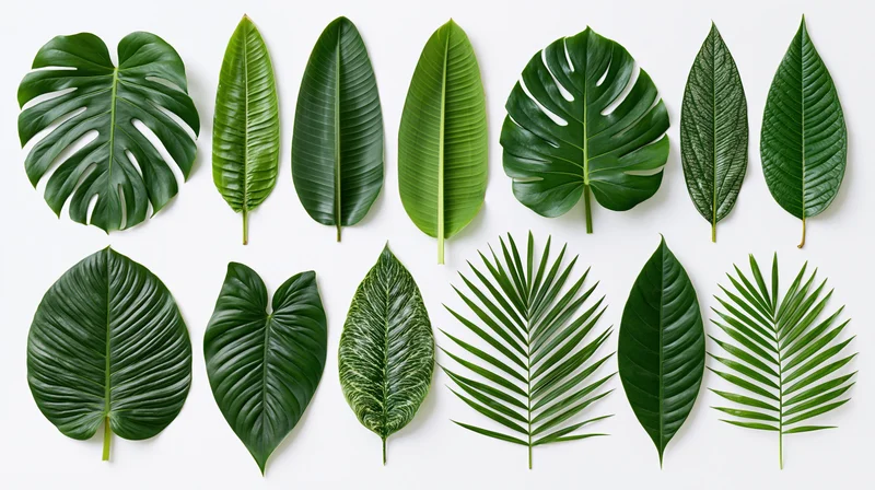 Flat lay arrangement of assorted tropical leaves on white background