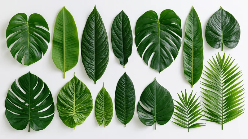 Flat lay arrangement of assorted tropical leaves on white background