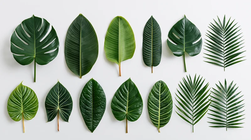 Flat lay of assorted tropical leaves arranged in rows on white background