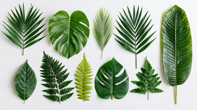Ten tropical leaves arranged in a flat lay on a white background