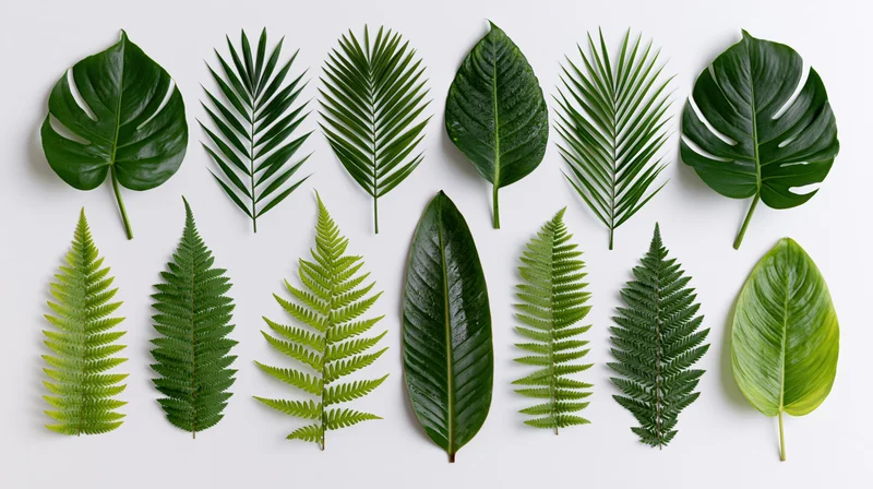 Tropical leaves arranged in two rows on white surface