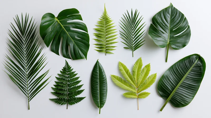 Ten tropical leaves arranged in a flat lay on a white surface