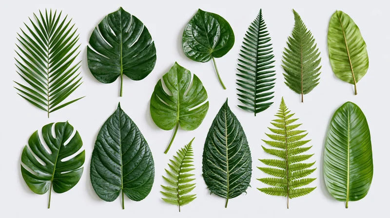 Tropical leaves arranged in flat lay on white background