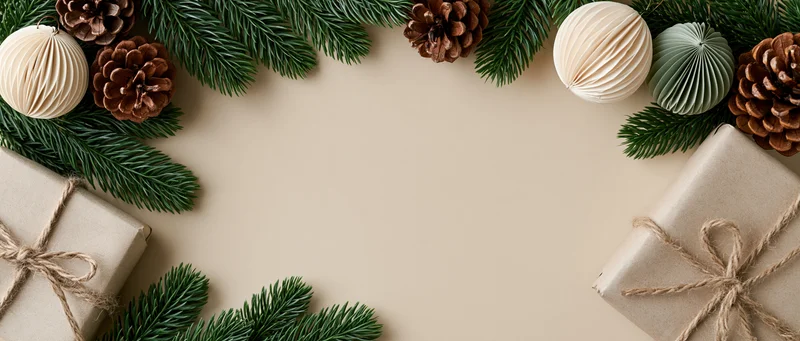 Flat lay holiday arrangement with fir branches, pinecones, paper ornaments, and wrapped gifts on beige surface