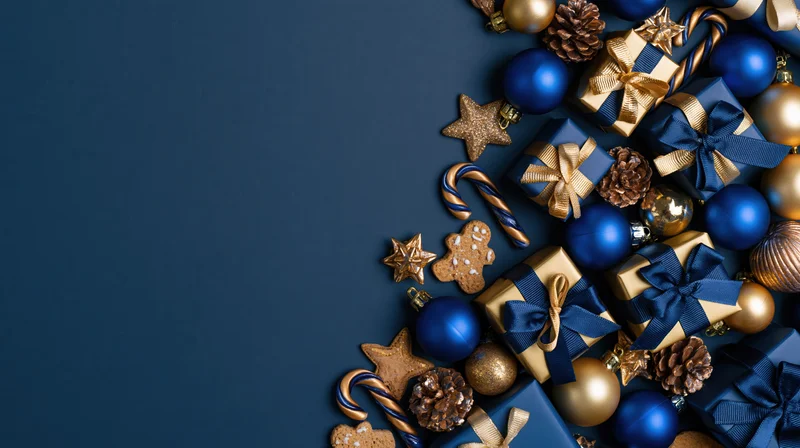 Christmas decorations and gifts arranged in corner on dark blue surface with copyspace