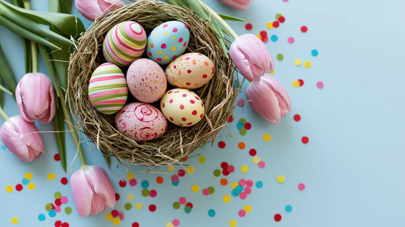 Hand-painted easter eggs in a nest surrounded by pink tulips and confetti on a light blue surface