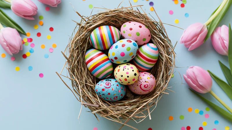 Colorful hand-painted easter eggs in a straw nest surrounded by pink tulips and confetti on a light blue surface