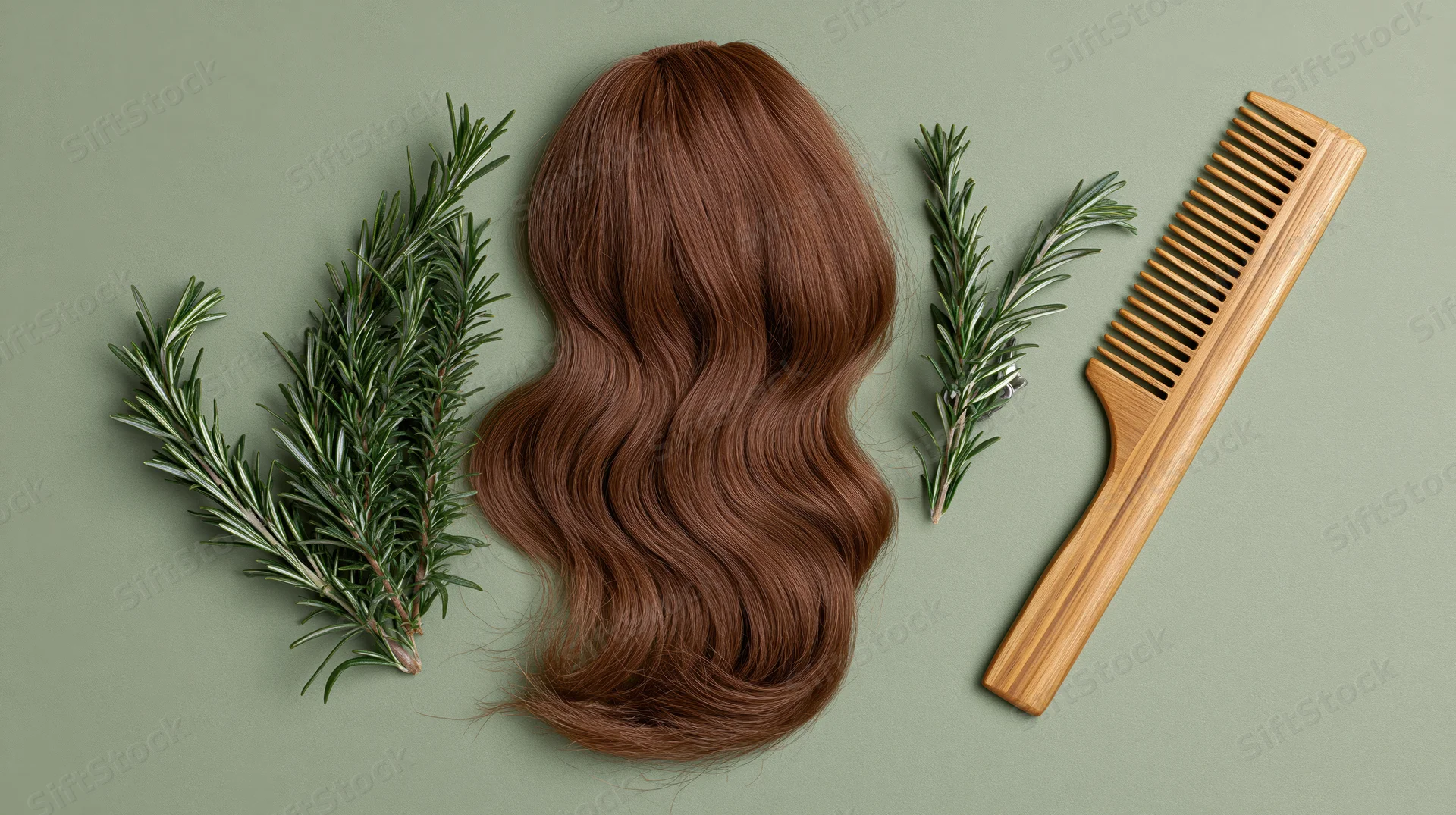 Wavy brown hair extension with rosemary sprigs and wooden comb arranged on green surface