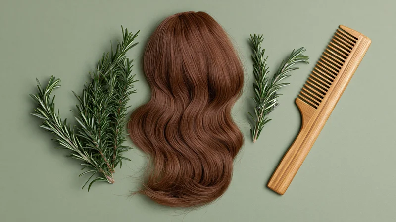 Wavy brown hair extension with rosemary sprigs and wooden comb arranged on green surface