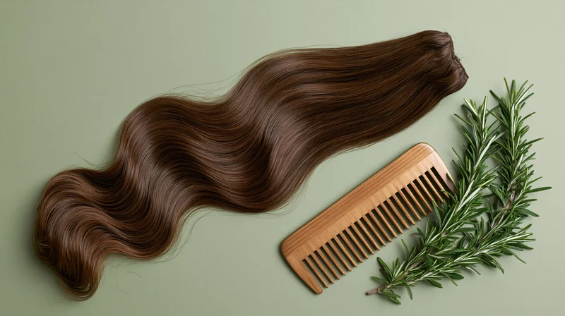 Wavy brown hair extension with wooden comb and rosemary sprig on green background