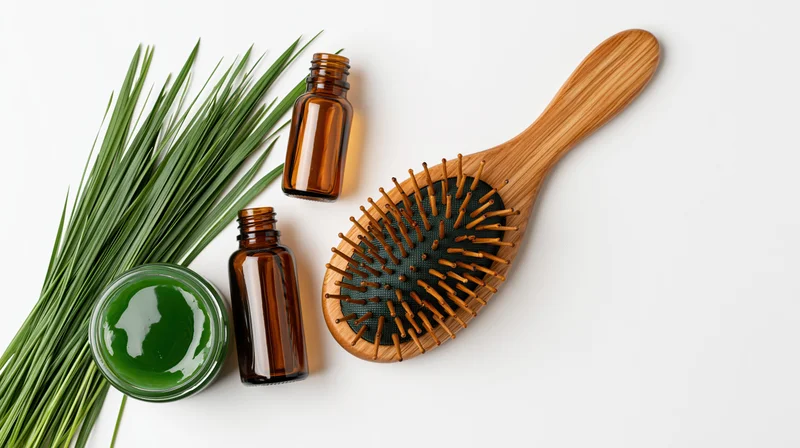 Wooden hairbrush with amber bottles and green plant on white surface