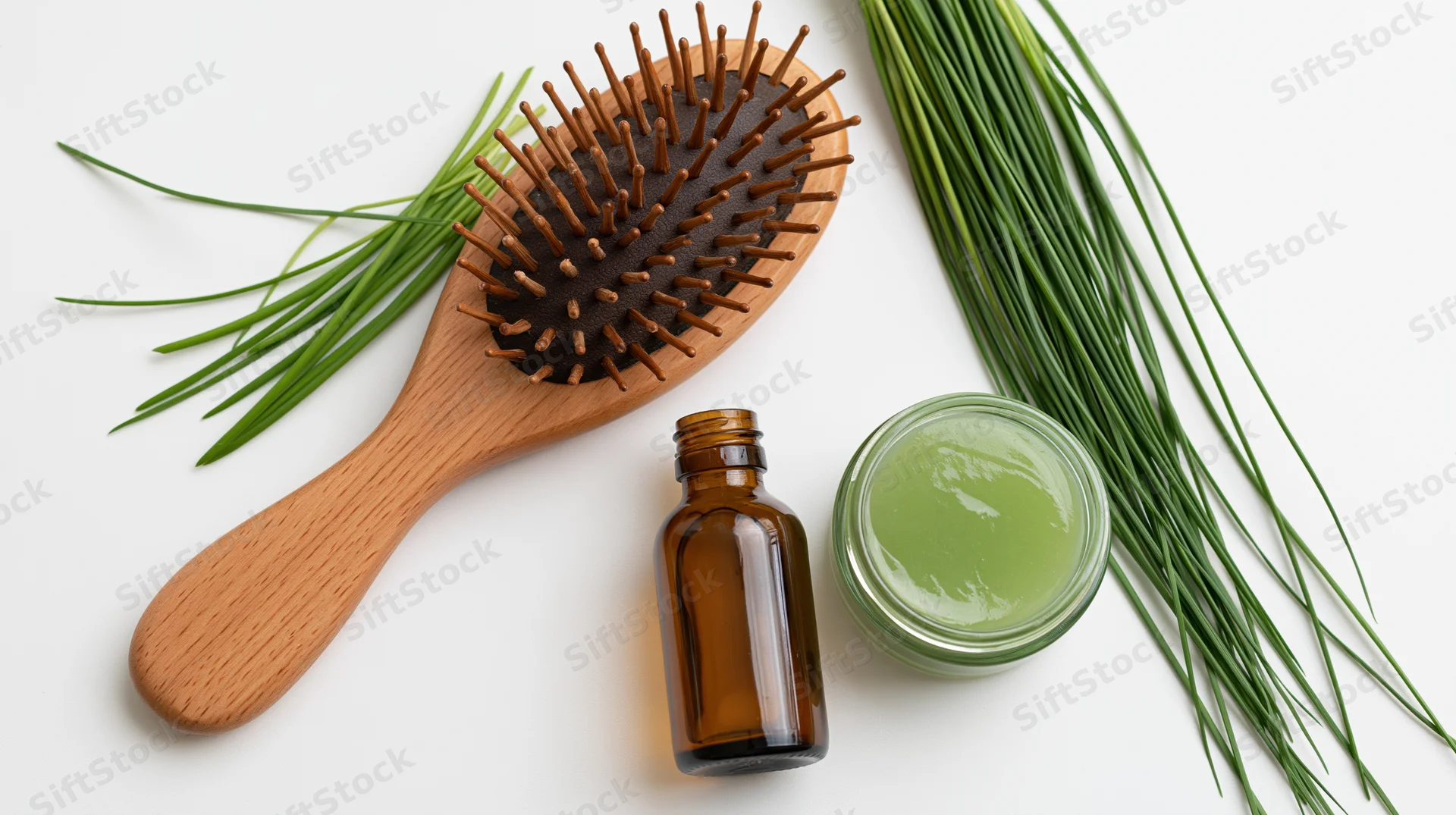 Wooden hairbrush with amber glass serum bottle and green herbal jar on white surface, surrounded by fresh chives in flat lay arrangement