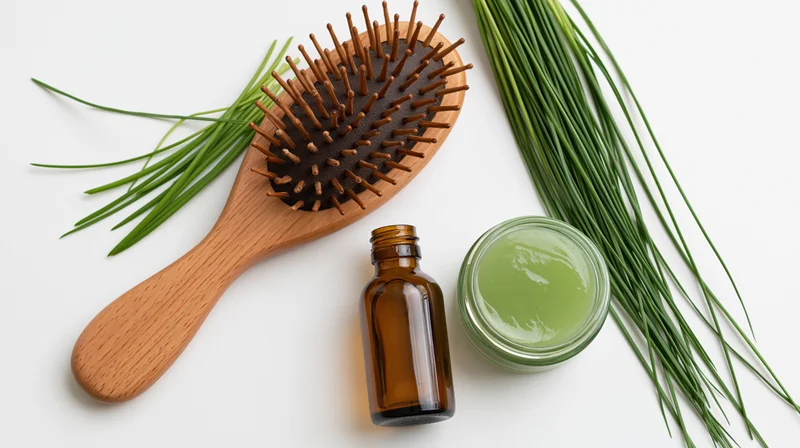 Wooden hairbrush with amber glass serum bottle and green herbal jar on white surface, surrounded by fresh chives in flat lay arrangement