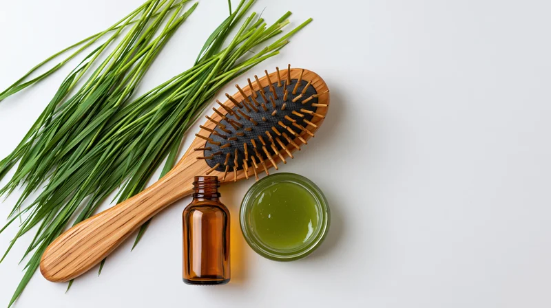 Wooden hairbrush with green plant leaves, amber bottle and green serum jar arranged on white surface