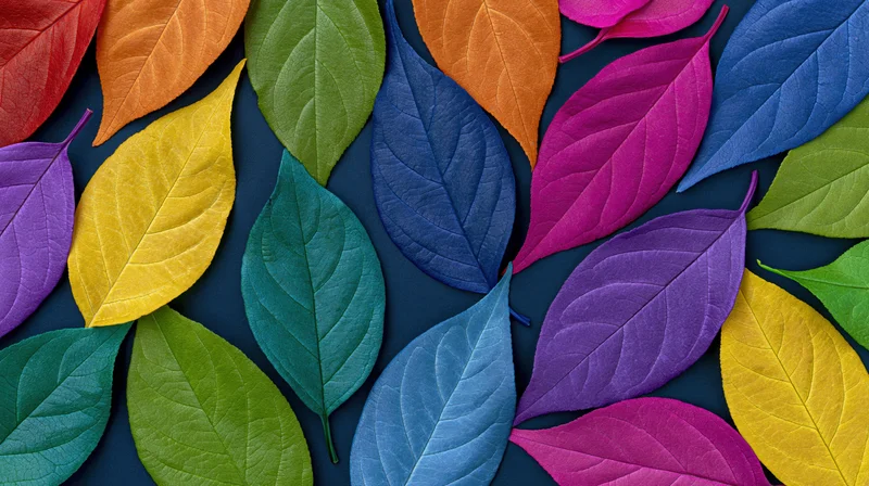 Colorful leaves arranged in a flat lay pattern on dark blue surface