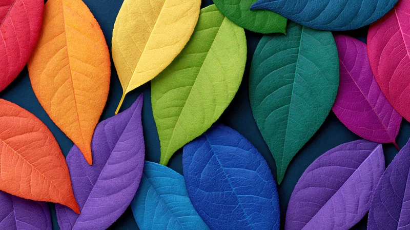 Colorful leaves arranged in a flat lay on dark background
