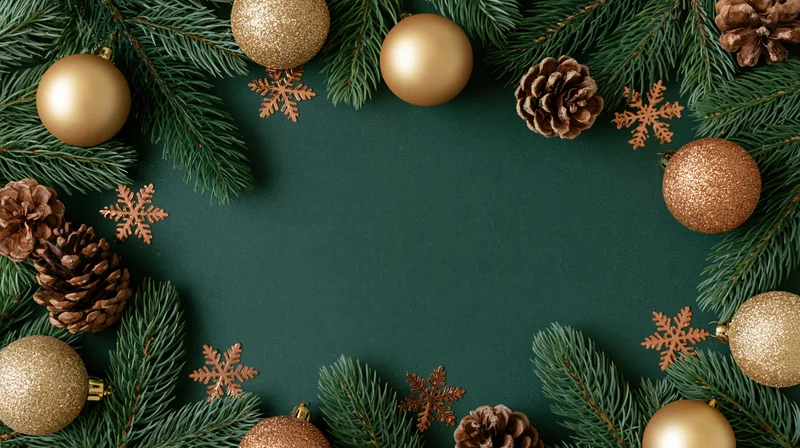 Spruce branches and gold ornaments arranged in a frame on dark green background with copyspace
