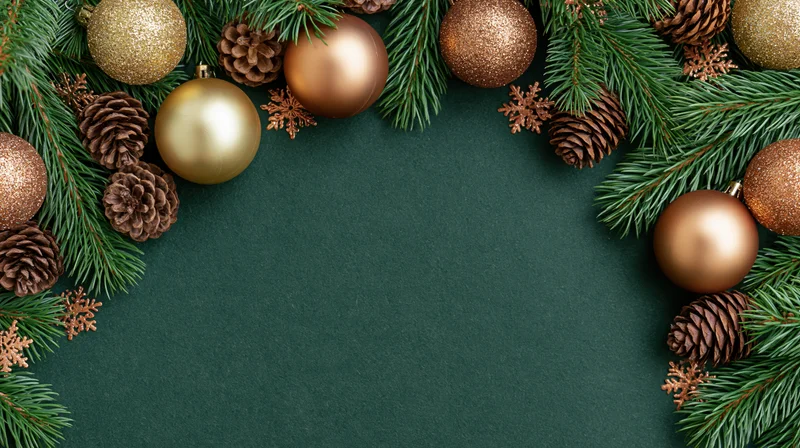 Spruce branches and gold bronze ornaments arranged in a frame on dark green surface with copyspace