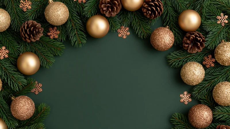 Spruce branches and gold glitter ornaments arranged in a border around a dark green copyspace