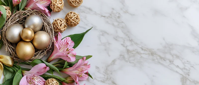 Gold and silver painted easter eggs in a wicker nest with pink alstroemeria flowers on a marble surface