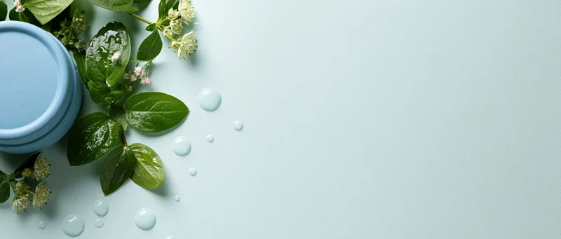 Blue cosmetic jar with green leaves and white flowers on light blue surface