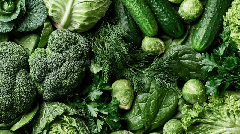 Dense flat lay of mixed green vegetables including broccoli, cucumbers, lettuce, spinach, and herbs arranged closely together