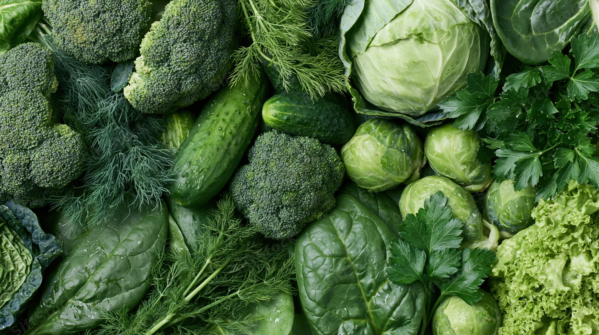 Dense flat lay of mixed green vegetables arranged together on a surface