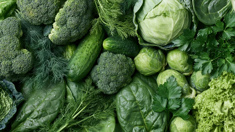 Dense flat lay of mixed green vegetables arranged together on a surface