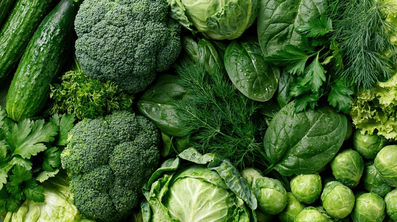 Dense flat lay of mixed green vegetables including broccoli, cucumber, spinach, and cabbage arranged closely together