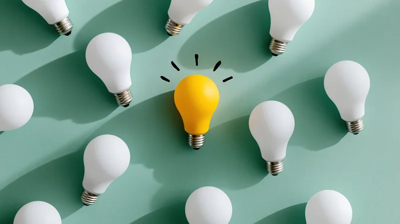 Yellow lightbulb surrounded by white bulbs on green surface in flat lay arrangement