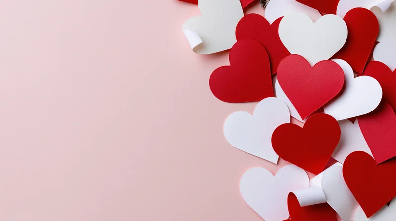 Red and white paper heart cutouts arranged along the right side of a pink surface