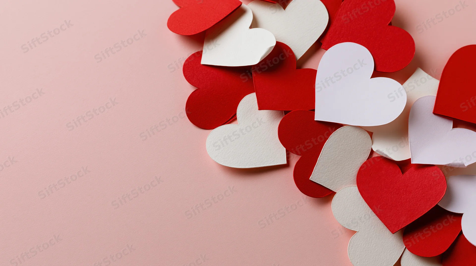 Red and white paper hearts arranged in a cluster on a pink surface with copyspace