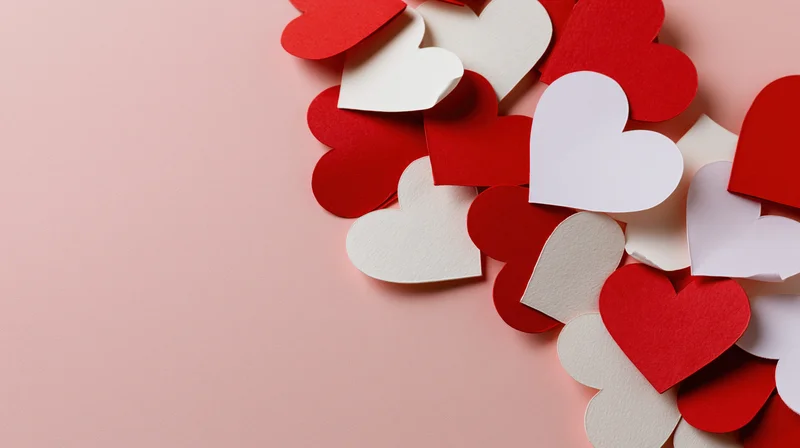 Red and white paper hearts arranged in a cluster on a pink surface with copyspace