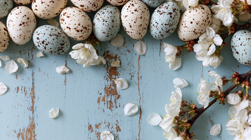 Speckled easter eggs and cherry blossoms arranged on a weathered blue wooden surface