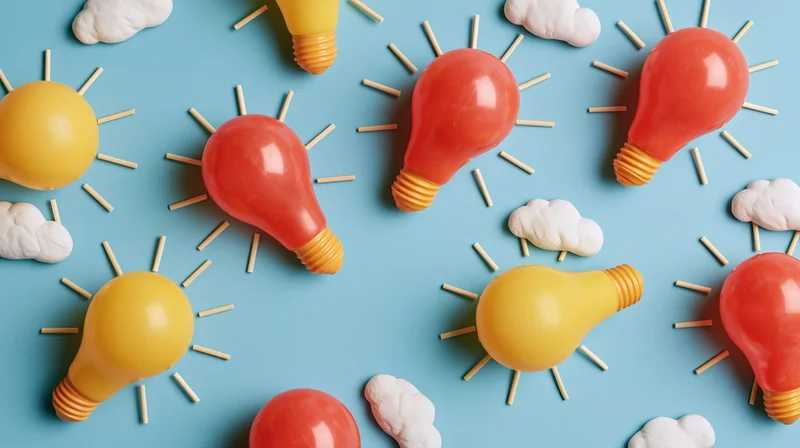 Colorful plastic lightbulbs arranged in a flat lay pattern on blue background with clouds and sun rays