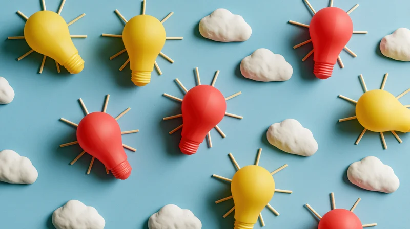 Colorful lightbulbs and clouds arranged in a flat lay on blue background