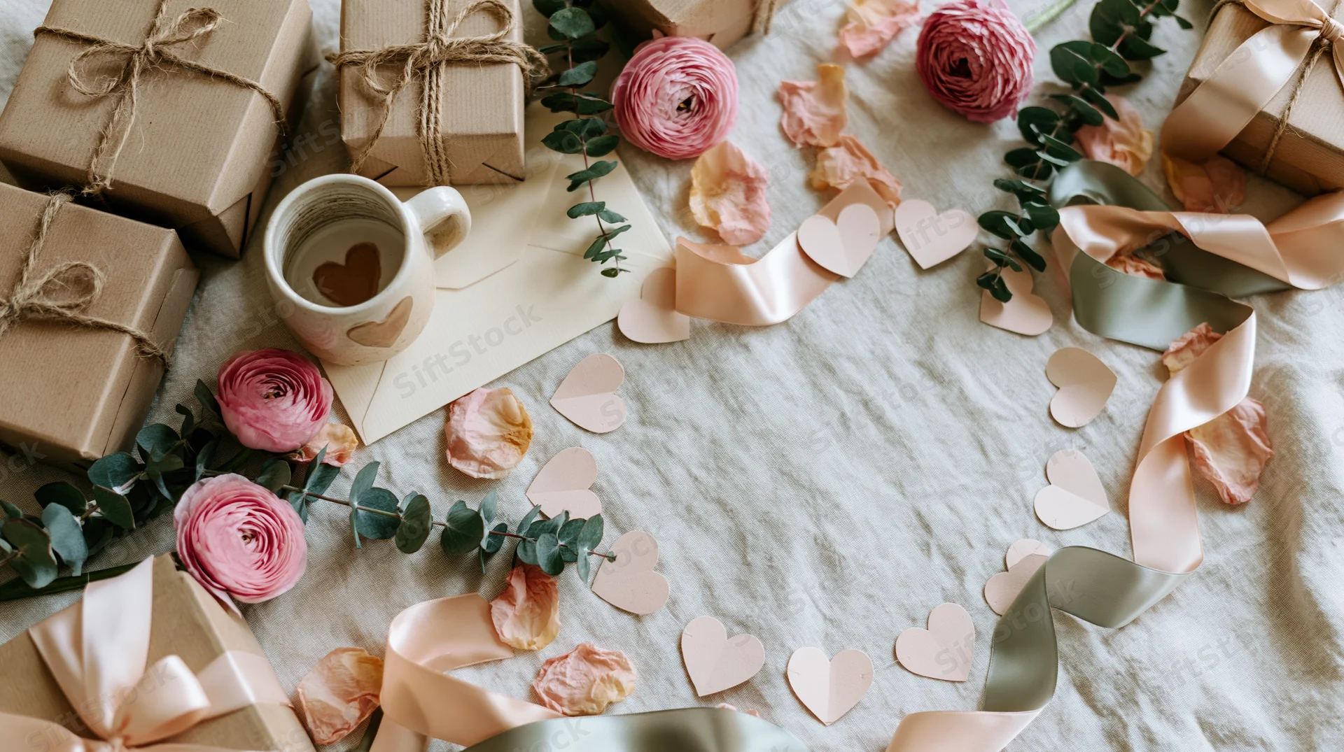 Flat lay of kraft gift boxes with twine, pink roses, eucalyptus, paper hearts, and a ceramic mug on a textured fabric surface