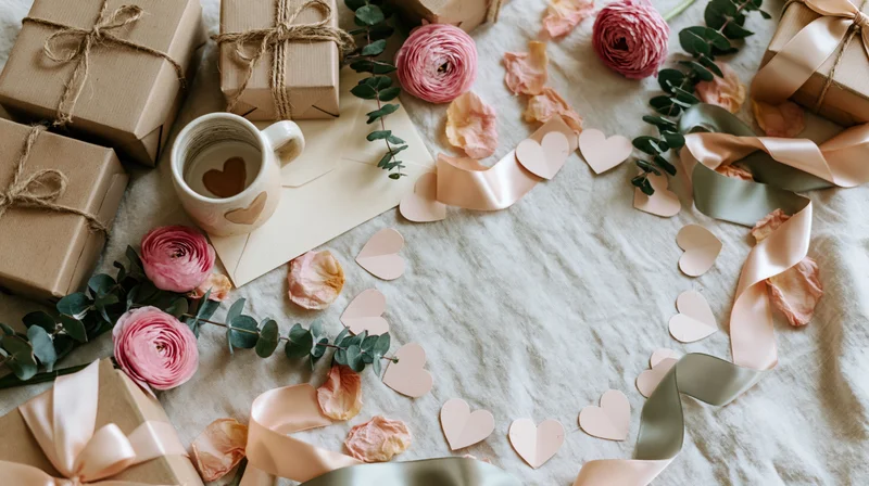 Flat lay of kraft gift boxes with twine, pink roses, eucalyptus, paper hearts, and a ceramic mug on a textured fabric surface