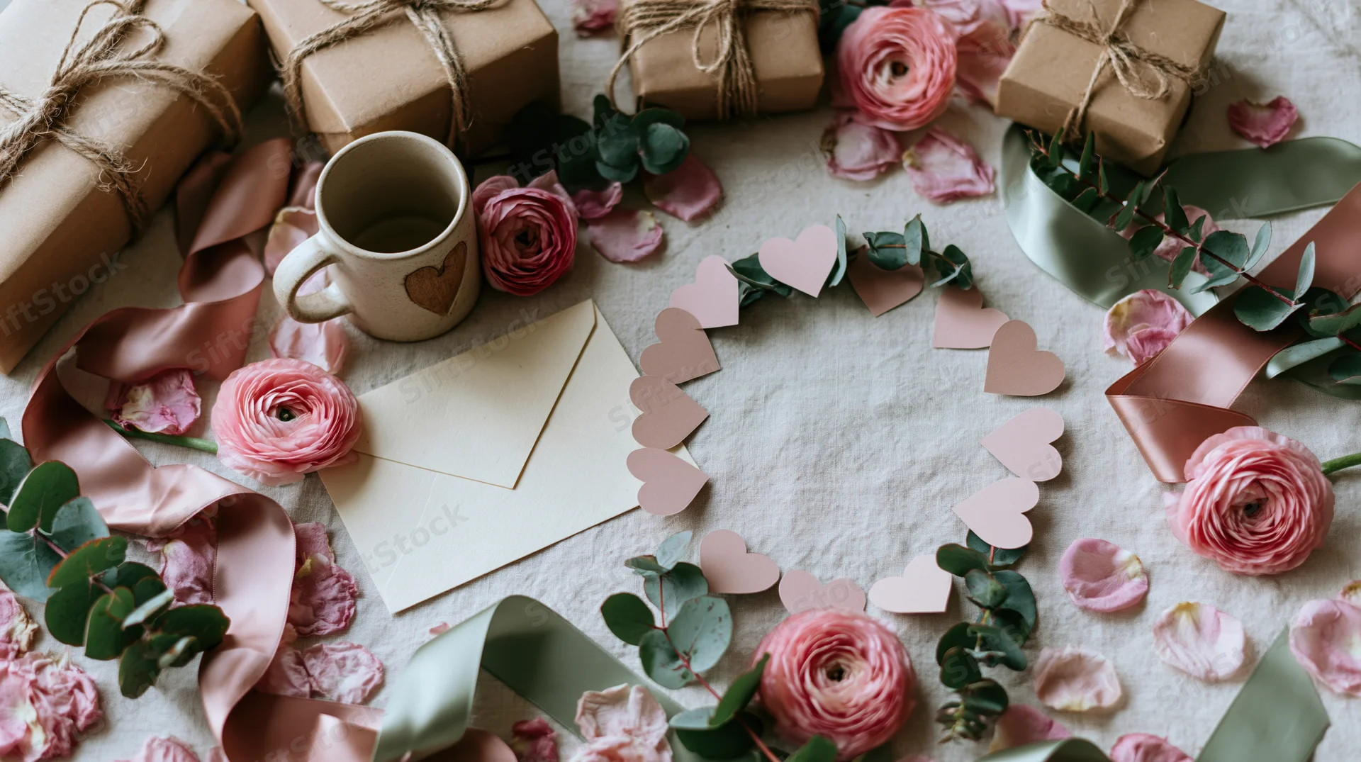 Flat lay of gift boxes, flowers, hearts and stationery arranged on fabric for valentine's day