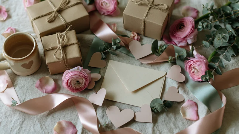 Flat lay of kraft gift boxes, pink roses, paper hearts, and envelope on textured cloth with ribbon and mug