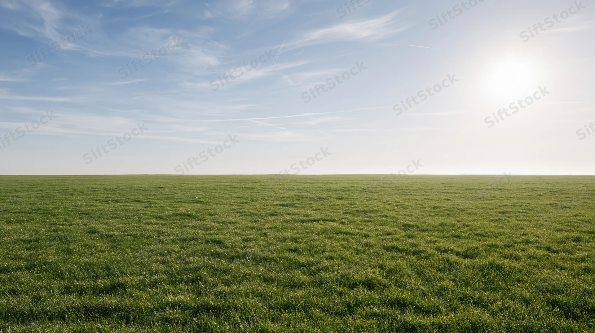 Flat grass field stretching to the horizon under a wide blue sky with sun and wispy clouds